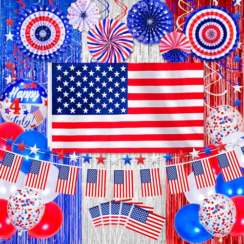 4th of July Party Decorations American Flag and Bunting American Patriotic Party Decorations Red Blue and Silver Fringe Curtain Hanging Paper Fans Independence Day Decorations 4th of July Decorations