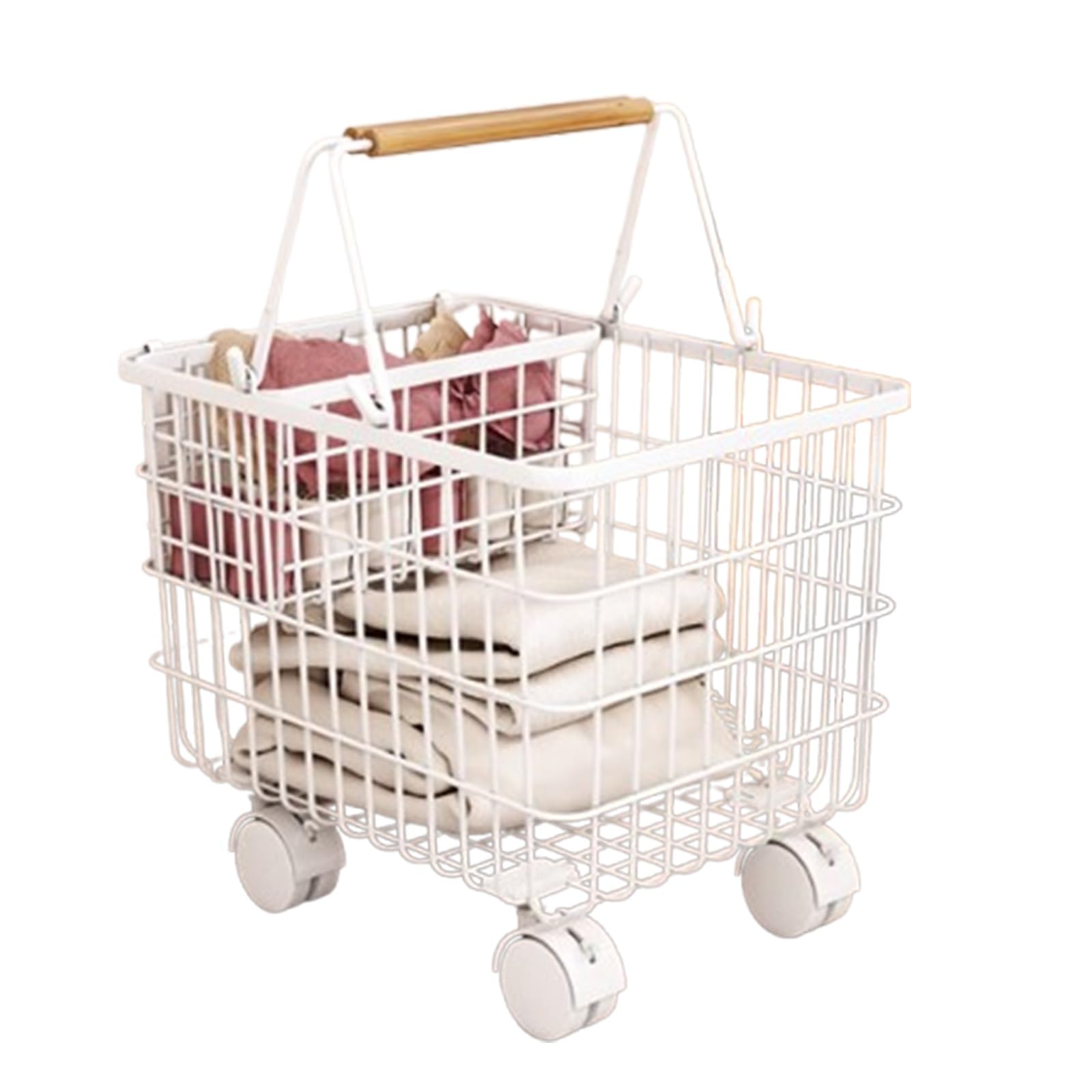 Wäschekorb aus Karbonstahl mit Griffen, Wäschesammler mit Rädern, belüftetes Design, extra mit Kleiner Aufbewahrung für Unterwäsche, 15 kg belastbar (38,5 x 28,5 x 31 cm)