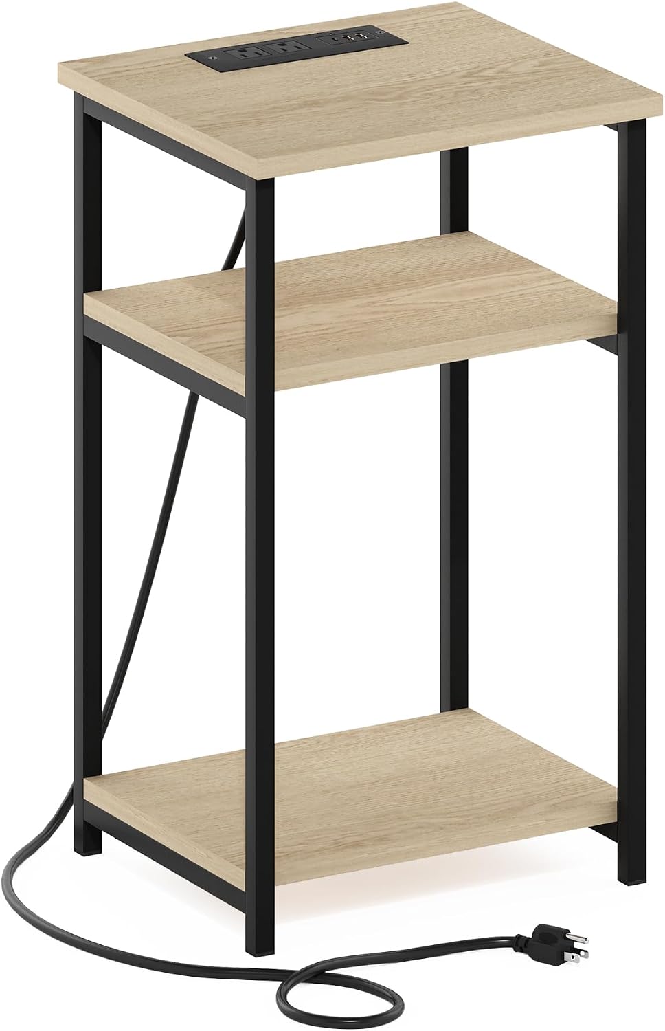 Furinno Moretti Side Table, 3-Tier Modern End Table with Charging Station, Metal Frame Night Stand, Bedside Table with USB and Type-C Port, for Living Room, Bedroom, Bauhaus Oak