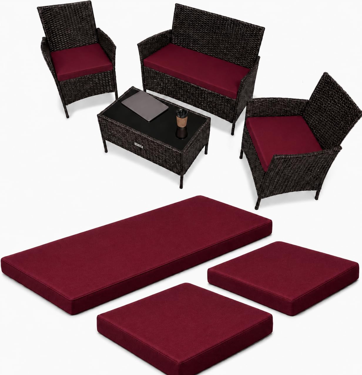 KOZZE FAB 3-Piece Replacement Cushion Set for Rattan Chairs & Sofa | Comfortable Padded Patio Cushions | Indoor & Outdoor Garden Furniture Seat | Water-Resistant & Durable Covers (Burgundy)