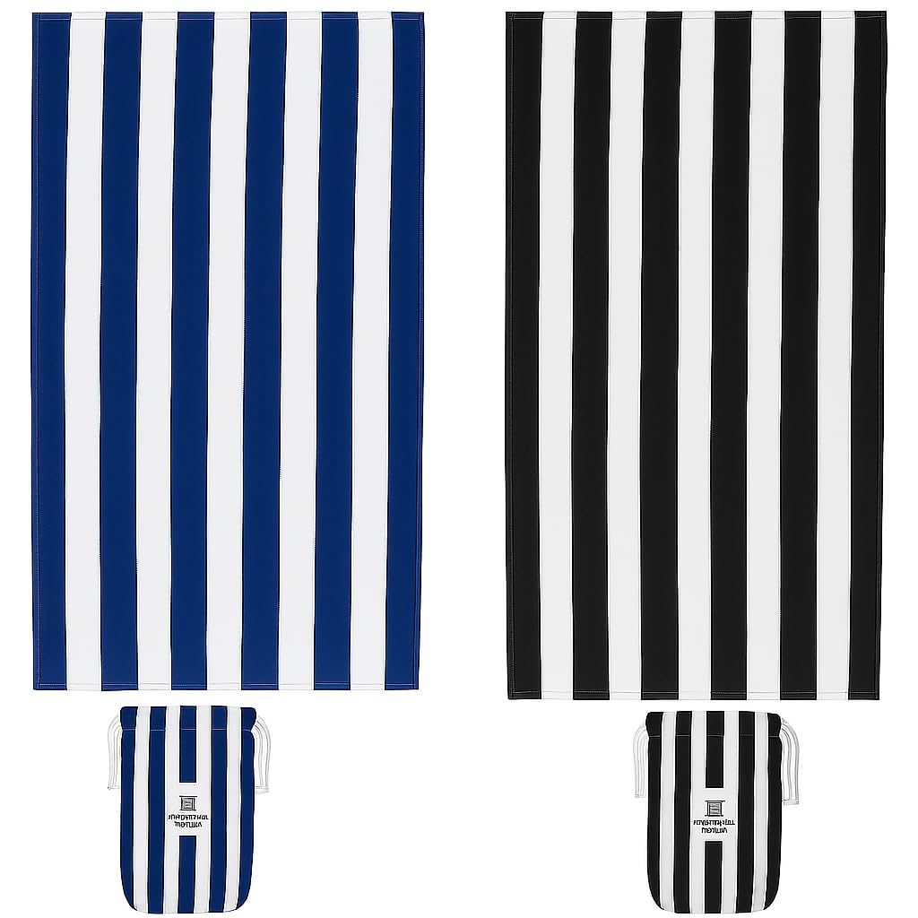 2 Pack Large Beach Towels for Adults Highly Absorbent Cabana Microfibre Pool Towel with Bag Double Sided Print Lightweight Sand Free Bath Towel for Pool Campaign (180x90cm) Black & Royal Blue Set of 2