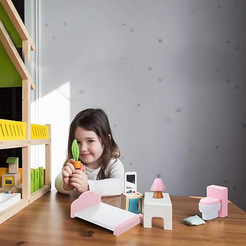 Miniatura 6 de Muebles de casa de muñecas de madera, muebles para casa de muñecas con 8 piezas, juego familiar de muñecas ganadoras, accesorios para casa de