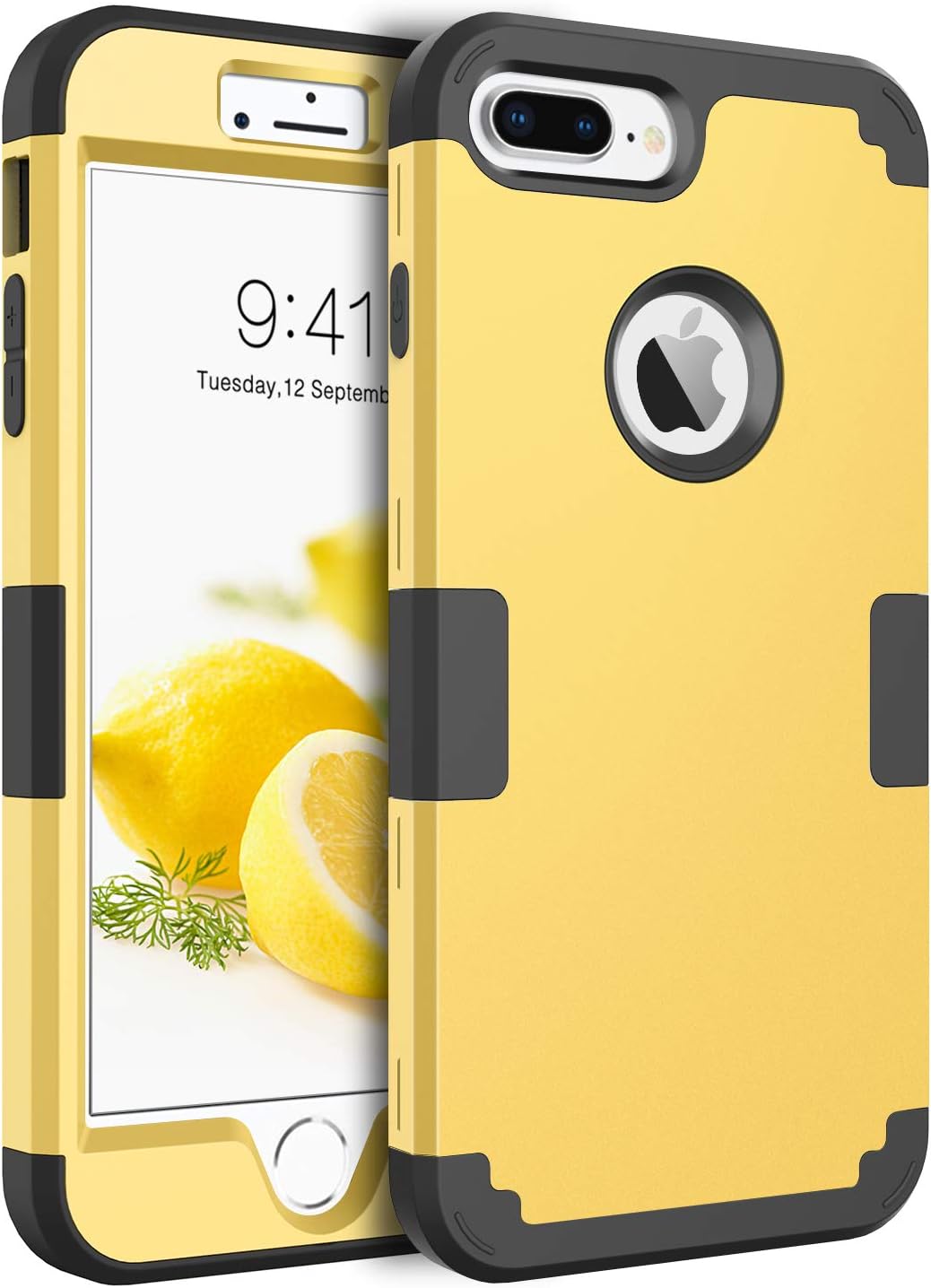 BENTOBEN Case for iPhone 8 Plus / 7 Plus Heavy Duty Slim Shockproof Drop Protection 3 in 1 Hybrid Hard PC Covers Soft Rubber Bumper Protective Case for iPhone 8 Plus / 7 Plus Yellow/Black