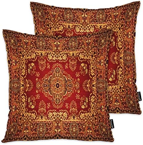 Vosach Paisley Carpet Farmhouse Throw Pillow Covers, Retro Persian Tribal Floral Decorative Square Pillows Cases 18x18 Inch, Set of 2 Cushion Case Cover for Bed Sofa Couch, Golden Red