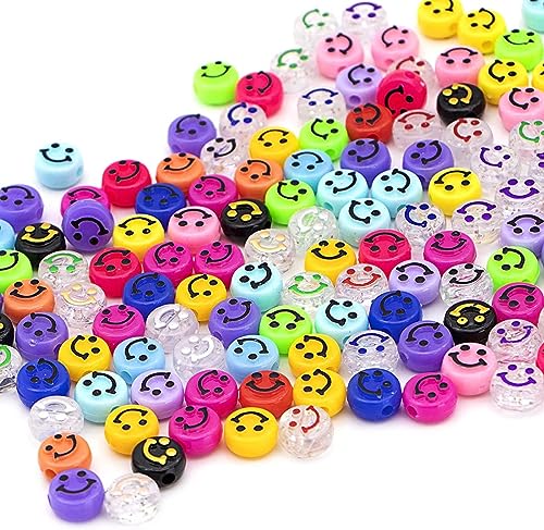 HSONAIGEE 500 Pieces Happy Face Beads for Bracelets Making 10mm Acrylic Face Spacer Beads with Crystal Elastic Cords Jewellery Beading Making DIY Crafts
