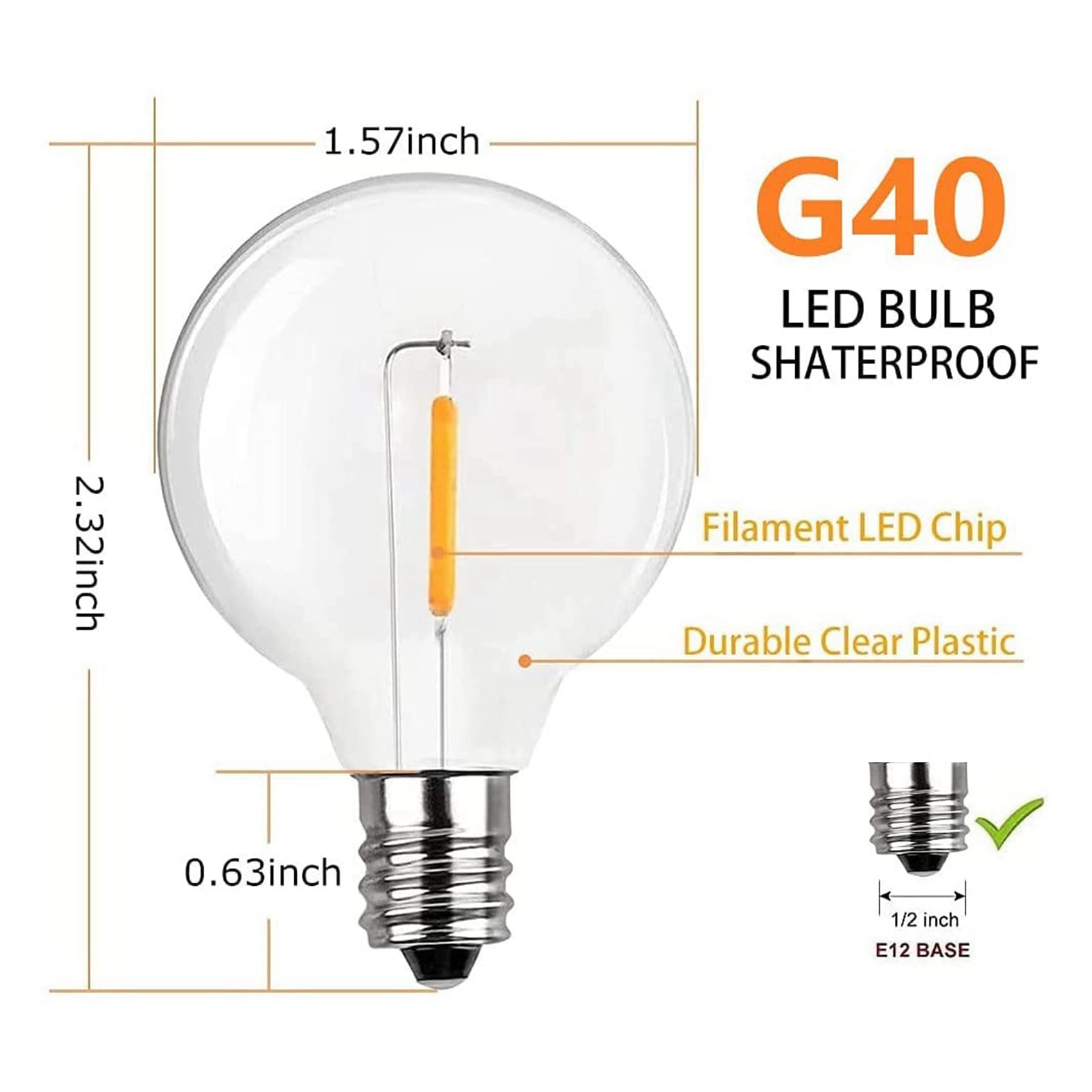 200 Piezas Bombillas LED de Repuesto G40 Bombillas de Globo LED Inastillables con Base de Tornillo E12 para Luces de Cadena Solares Cálidas