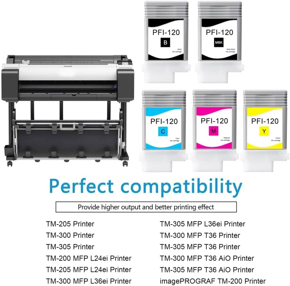 PFI-120 Ink Cartridges Set (5 Pack Black/Matte Black/Cyan/Magenta/Yellow) - VASRINK Compatible PFI-120BK PFI-120MBK PFI-120C PFI-120M PFI-120Y Ink Replacement for Canon TM-205 300 305 200 Printer