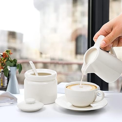 Miniatura 5 de ZENFUN Juego de 4 crema de porcelana y azúcar con platillo, azucarero con tapa y cuchara, jarra de crema, soporte para edulcorante, juego de servir