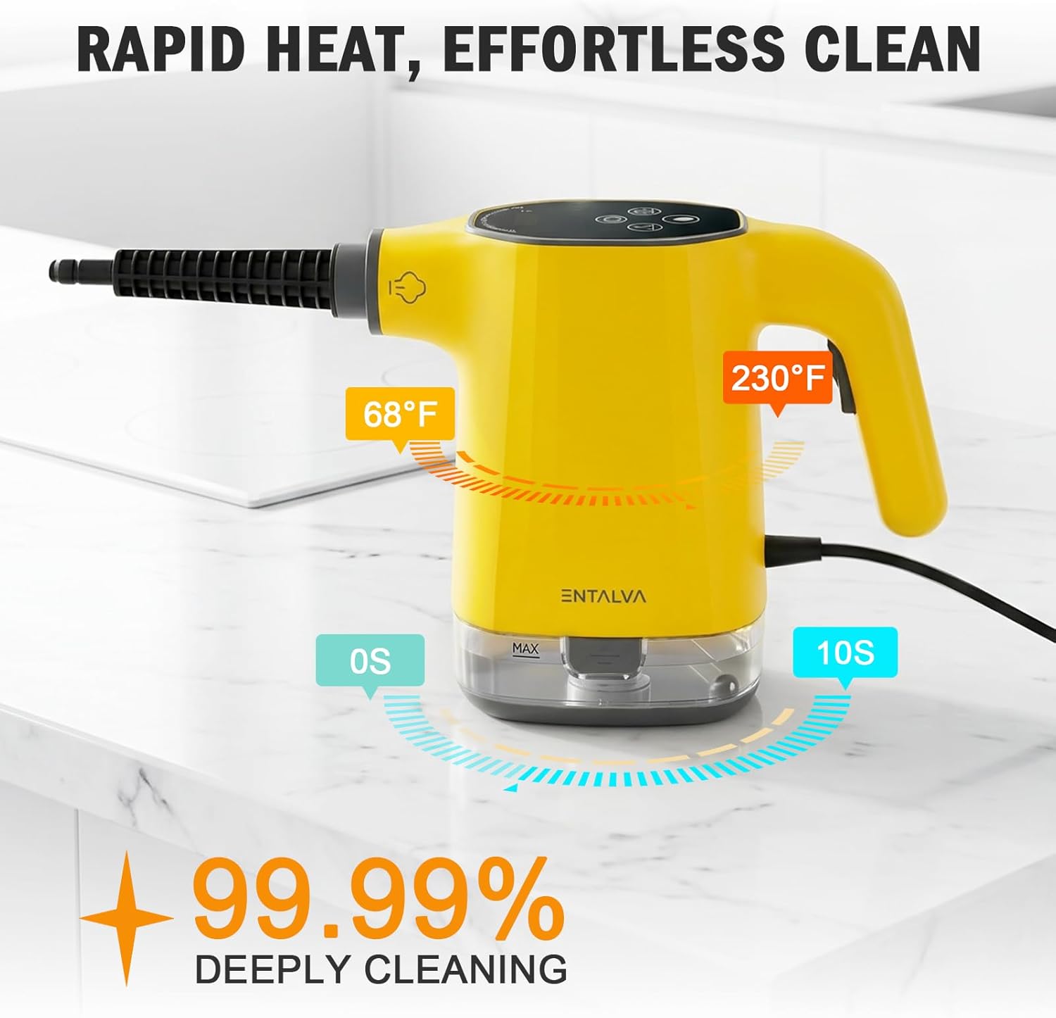 Handheld Steam Cleaner, Adjustable Steamer Cleaner, 15pcs Portable Cleaning for Car, Carpet, Furniture 410 mL, Yellow