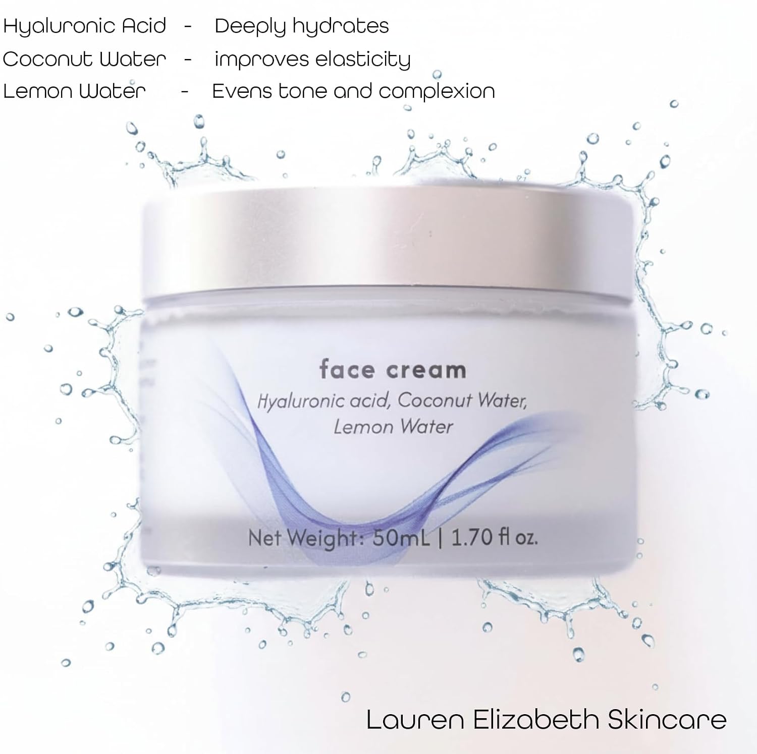 Lauren Elizabeth Hydrating Face Cream with Hyaluronic Acid, Coconut Water, Lemon Water and Aloe, 1.70 fl oz