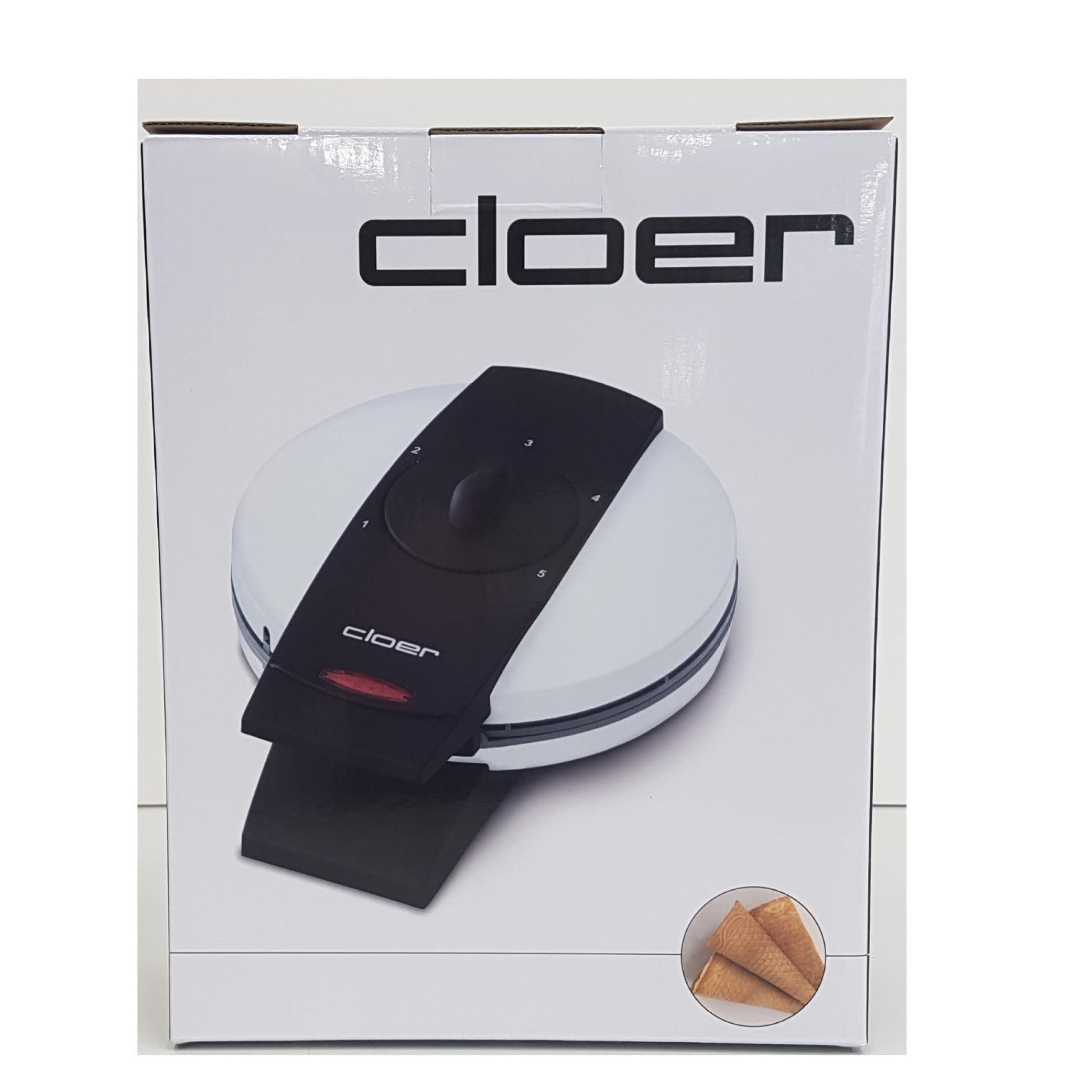 Cloer 261 Gaufrier à cornets pour cônes extrêmement fins et croustillants, Plaques de cuisson 14,5 cm Ø, Revêtement antiadhésif , temps de cuisson réglable à l‘infini, 800 W, blanc, métal
