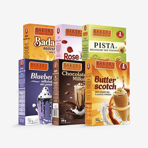 BAKERS Milk Shake Mix | Butterscotch, Chocolate, Rose, Pista, Badam & Blueberry Flavour | Instant Premix | Smooth & Creamy | Easy to make | Combo of 6 (100 gm x 6)