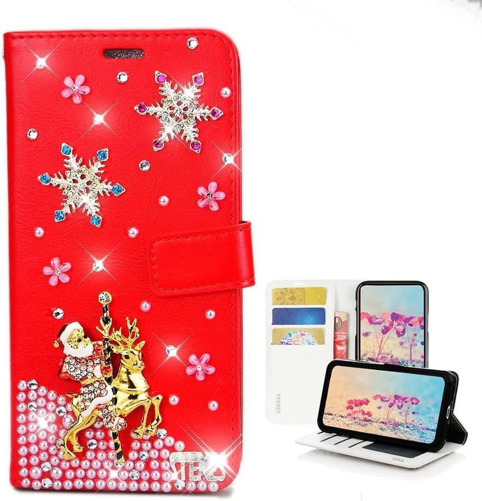 STENES Bling Wallet Phone Case Compatible with Samsung Galaxy S20 - Stylish - 3D Handmade Snow Santa Claus Elk Design Magnetic Wallet Stand Leather Cover Case - Red