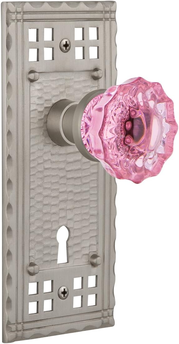 Nostalgic Warehouse 722712 Craftsman Plate with Keyhole Single Dummy Crystal Pink Glass Door Knob in Antique Pewter
