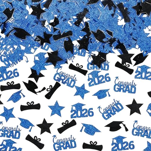 ZRLABL Class of 2026 Graduation Confetti Blue and Black Glitter 100 Pieces with Congrats Grad and Cap Design