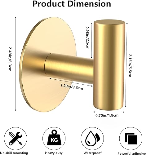 Miniatura 7 de Ganchos de pared dorados de acero inoxidable, ganchos autoadhesivos resistentes para abrigos, toallas, batas, sombreros, delantales, sin taladro,
