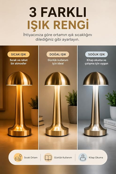 ROBEVE Şarjlı Dokunmatik Metal Masa Lambası Bronz Red | 3 Renk Işık, Ayarlanabilir Parlaklık, Kablosuz LED Gece Lambası | Ev, Ofis, Kafe, Restoran ve Yatak Odası Dekoratif Aydınlatma [Enerji Sınıfı A+++]