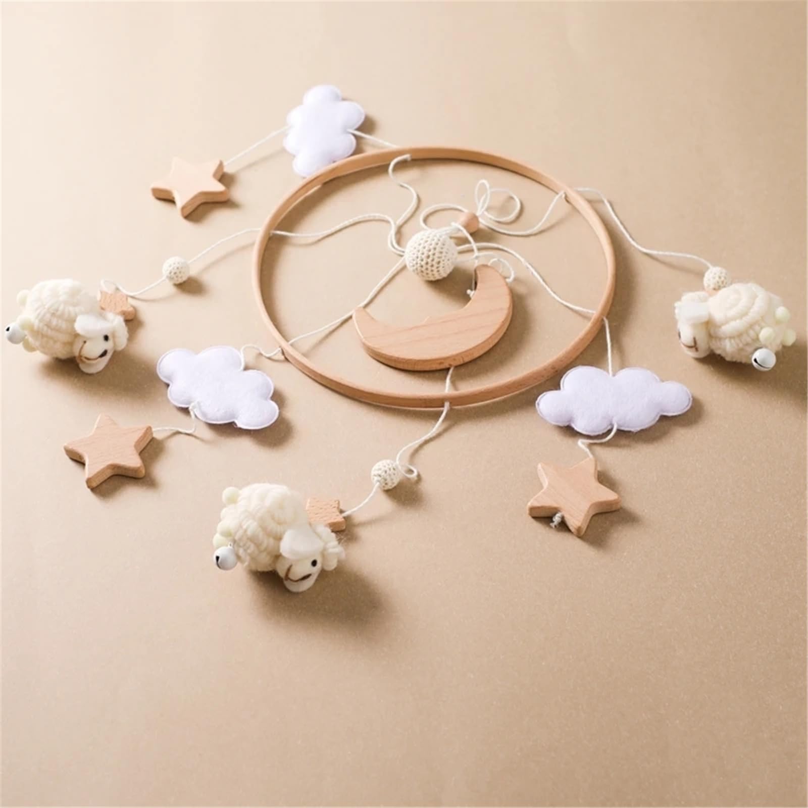 Tiere Mobile Baby Windspiele, Stern Mond Lamm Mobile Baby Holz mit Filzbällen, Mobile Baby Mädchen Bettglocke Anhänger für Babybett Jungen und Mädchen (Weiß)