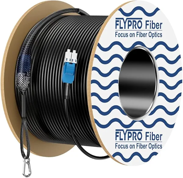 FLYPROFiber- OS2 LC to LC Outdoor Armored Fiber Optic Cable, Duplex Single Mode Fiber 1G/10G 9/125um Industrial TPU Uniboot LC with Pulling Eye Kit Installed on one end, OD-5mm, 50m/164ft