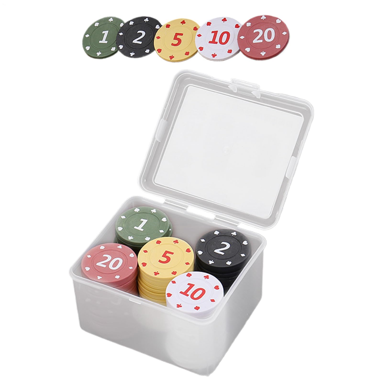 100 Pcs Colorful Poker Chip 1 2 5 10 20 Denomination Chips Set With Storage Box 3.5cm For Home Night Display Tournaments Parties Learning Counters Disks Chips Gambling Cards