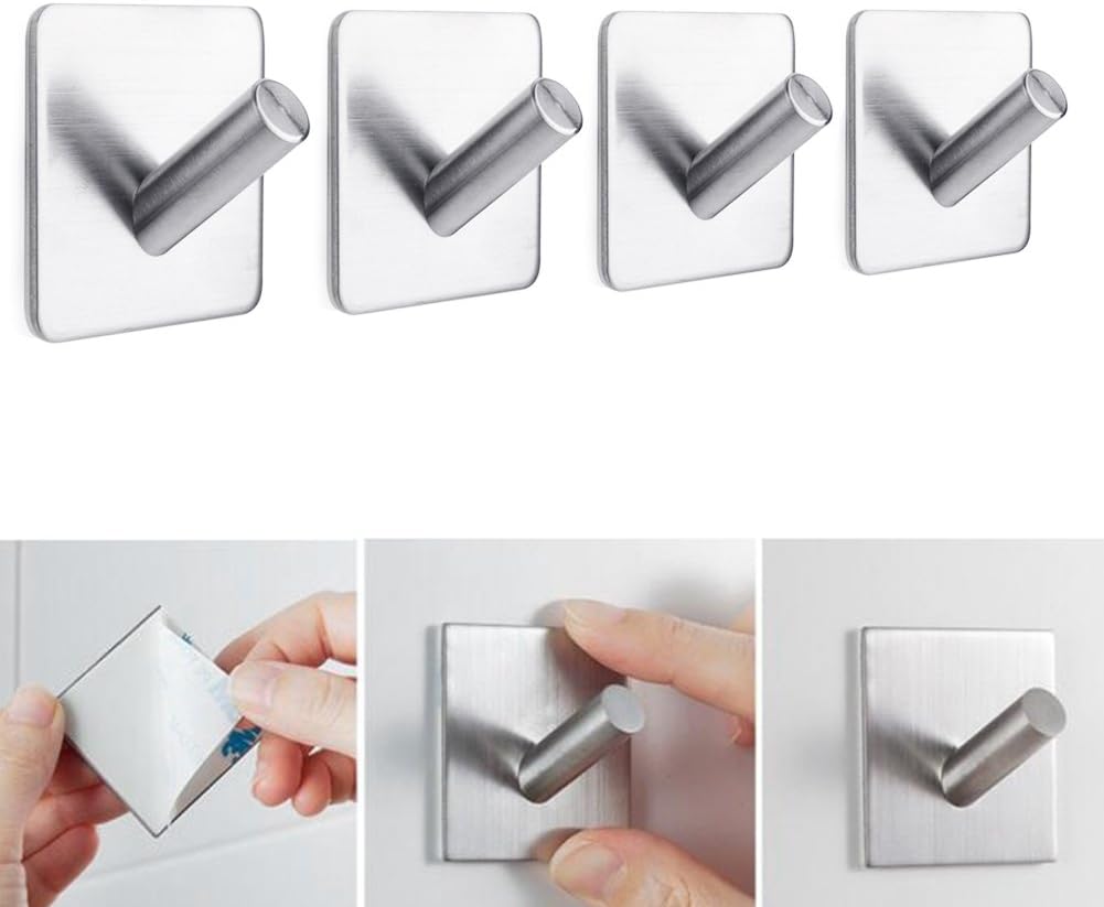 Wall Mounted Hook Self Adhesive Hooks, Stainless Steel Waterproof Wall Hooks for Hanging Clothes, Bathrobes, Clothes, Hats, Bags, Modern Storage Wall Racks(Silver Oblique Hook x 4)