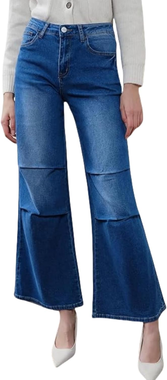 ONESO Womens Wide Leg Jeans Mid Waist Trendy Baggy Pleated Leg Jeans for Women Stretchy Denim Jean