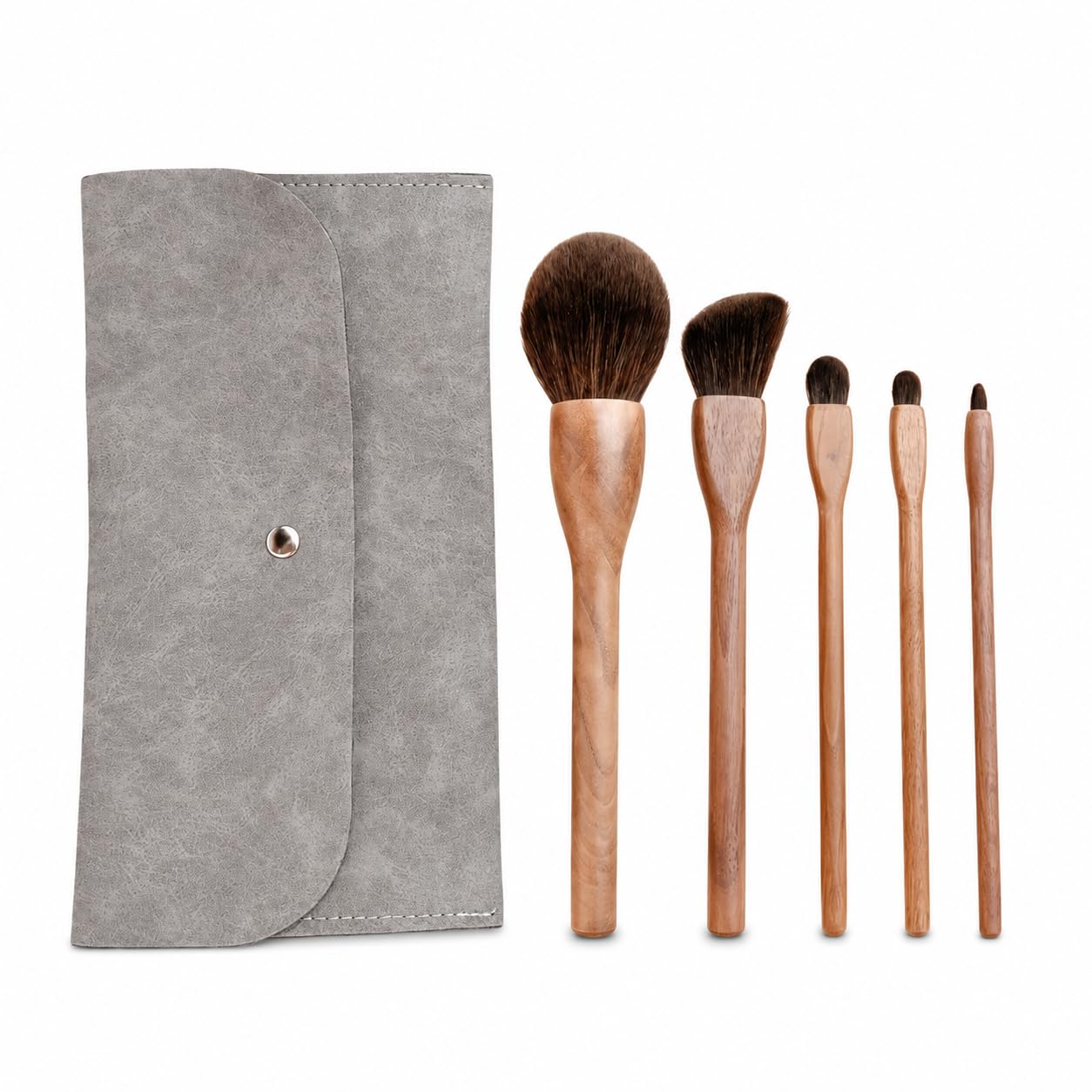 Kit Pennelli da Trucco Professionali con Manico in Legno e Fibra Sintetica per e Trucco, per bellezza - per uso quotidiano, Set di 5 pennelli quotidiani con borsa a busta grigia