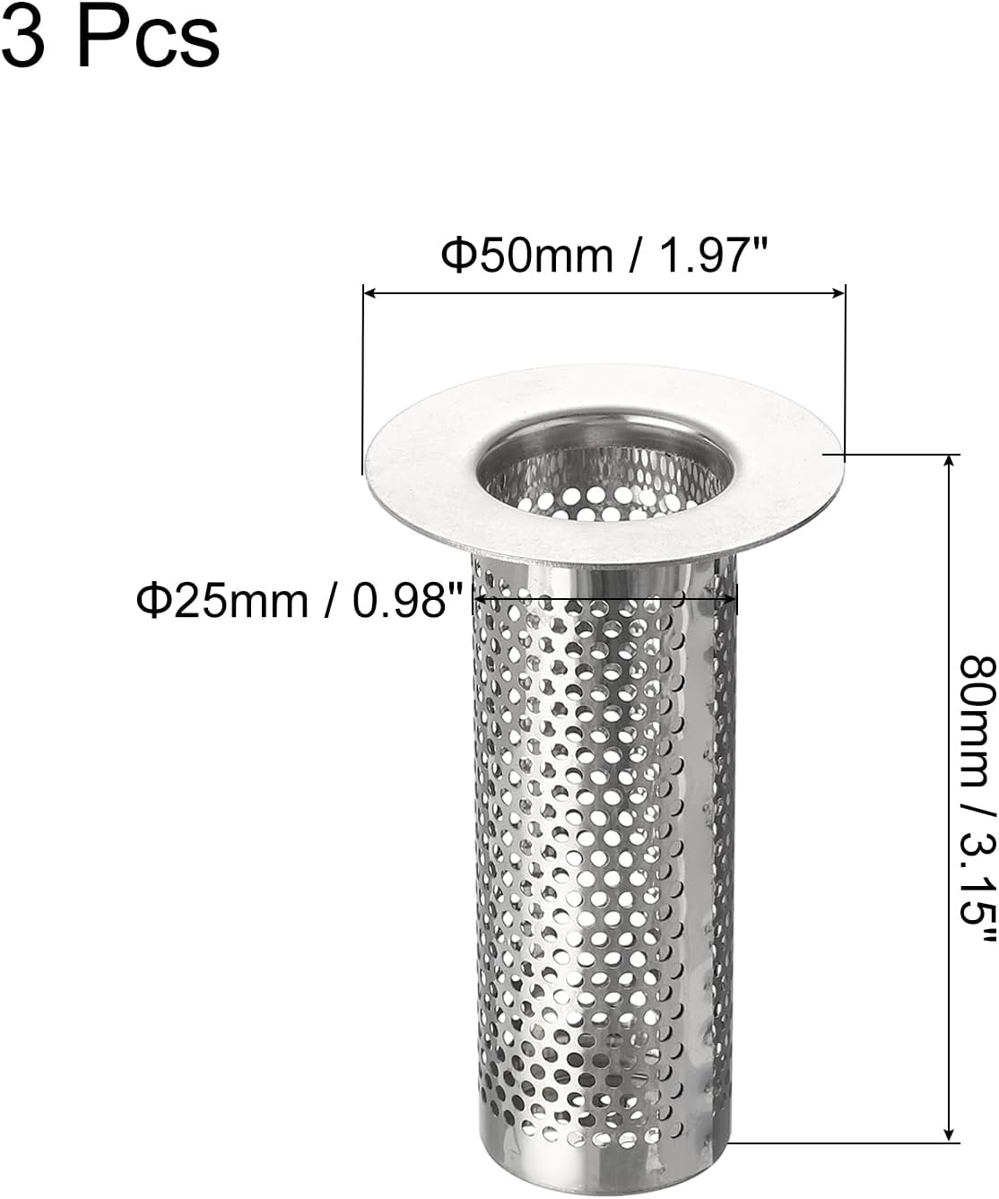 UXCELL 3Pcs Stainless Steel Sink Strainer, Fit for 0.98"-1.8" Drain Hole, 80mm/3.15" Deep