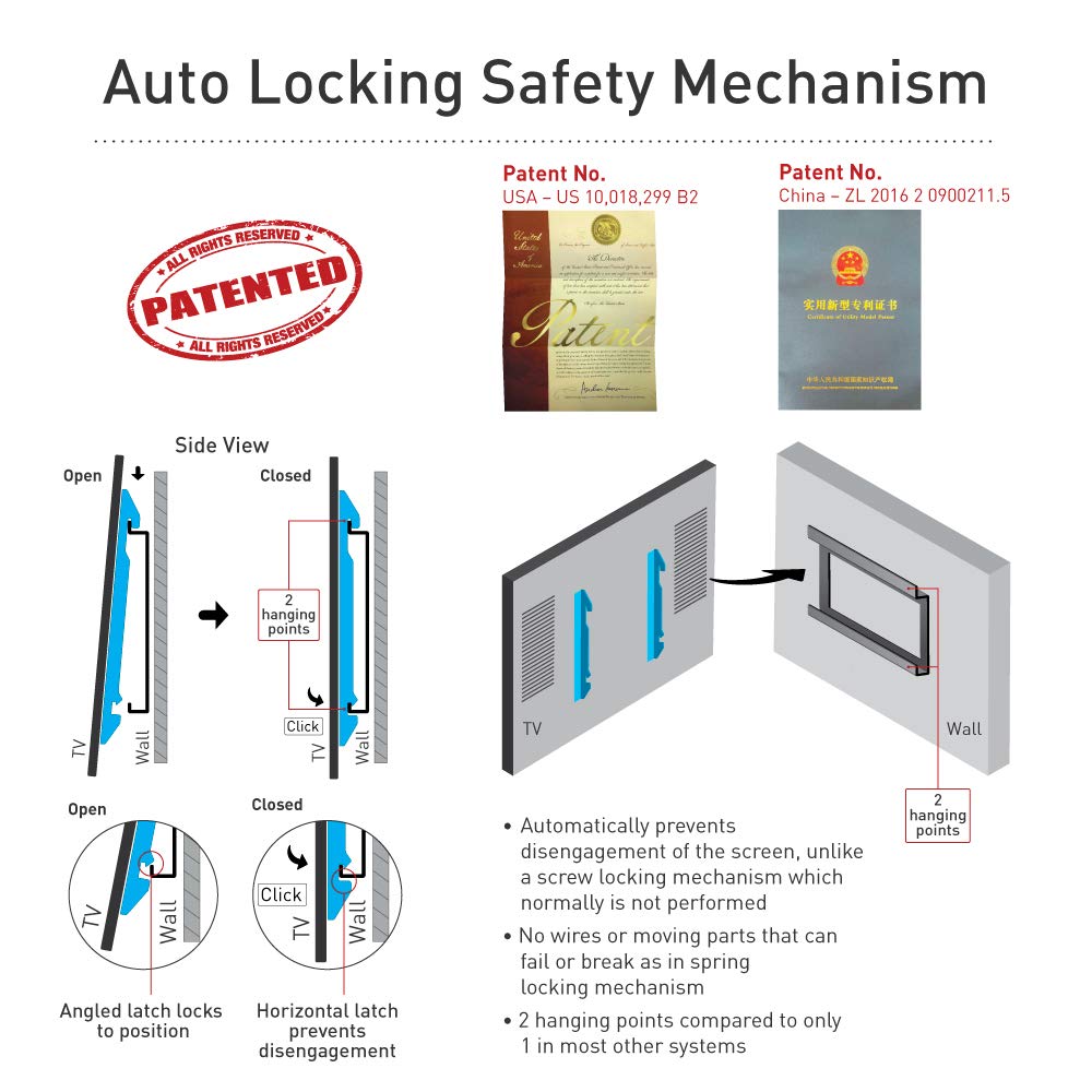 Barkan TV Wall Mount, 19-65 inch Fixed, Drywall No Stud No Drill Screen Bracket, Holds up to 80lbs, Auto Lock Patented, 5 Year Warranty, Fits LED OLED LCD, Including 6 ft 4K HDMI Cable