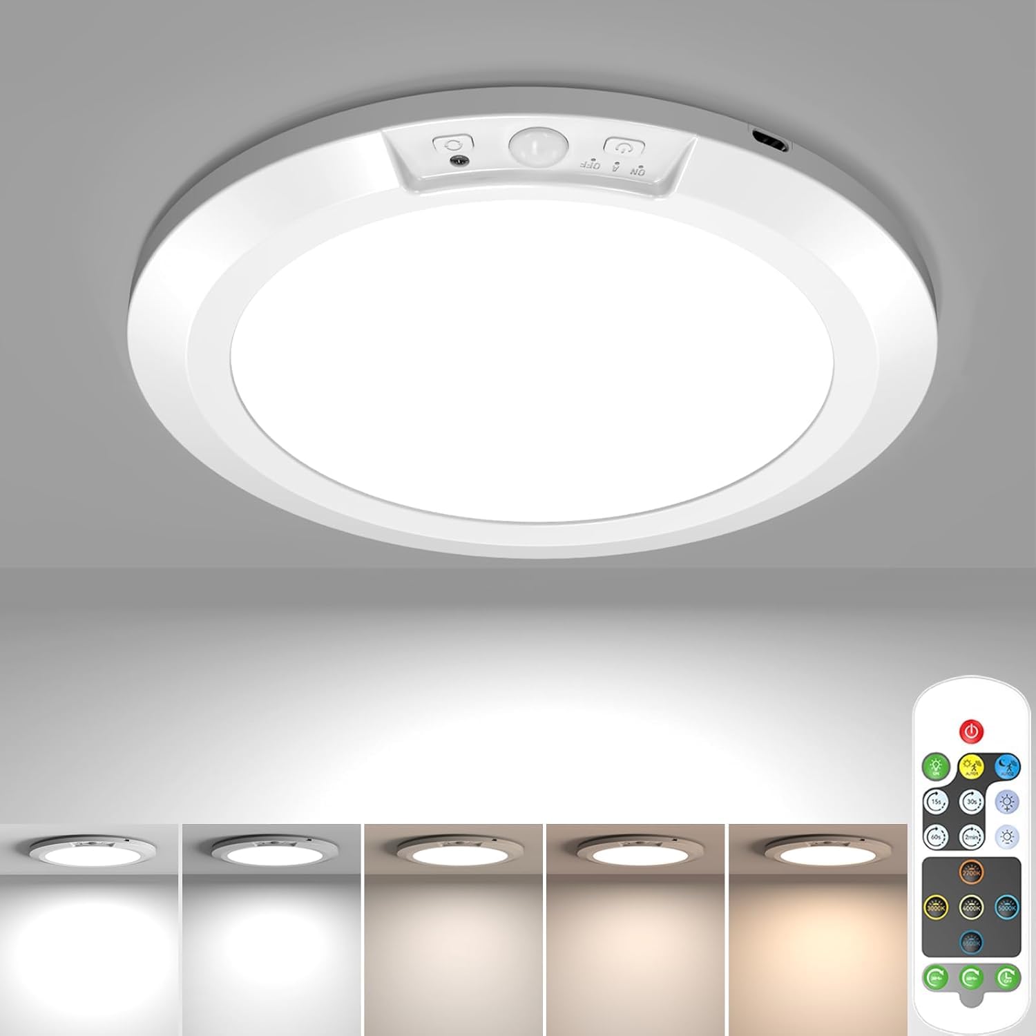 Battery Powered Motion Sensor Ceiling Light with Remote Control, Rechargeable Magnetic Closet Lamp 5 Color Temperatures Dimmable Timing Motion Stairs Light for Shower Pantry Porch Storage Room Garage — image 1