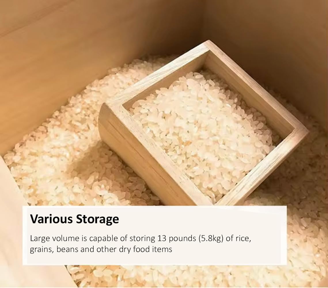 Wooden Rice Storage Container with Lid and Measuring Cup, 13lbs (5.8kg) - Grains, Beans and Dry Food