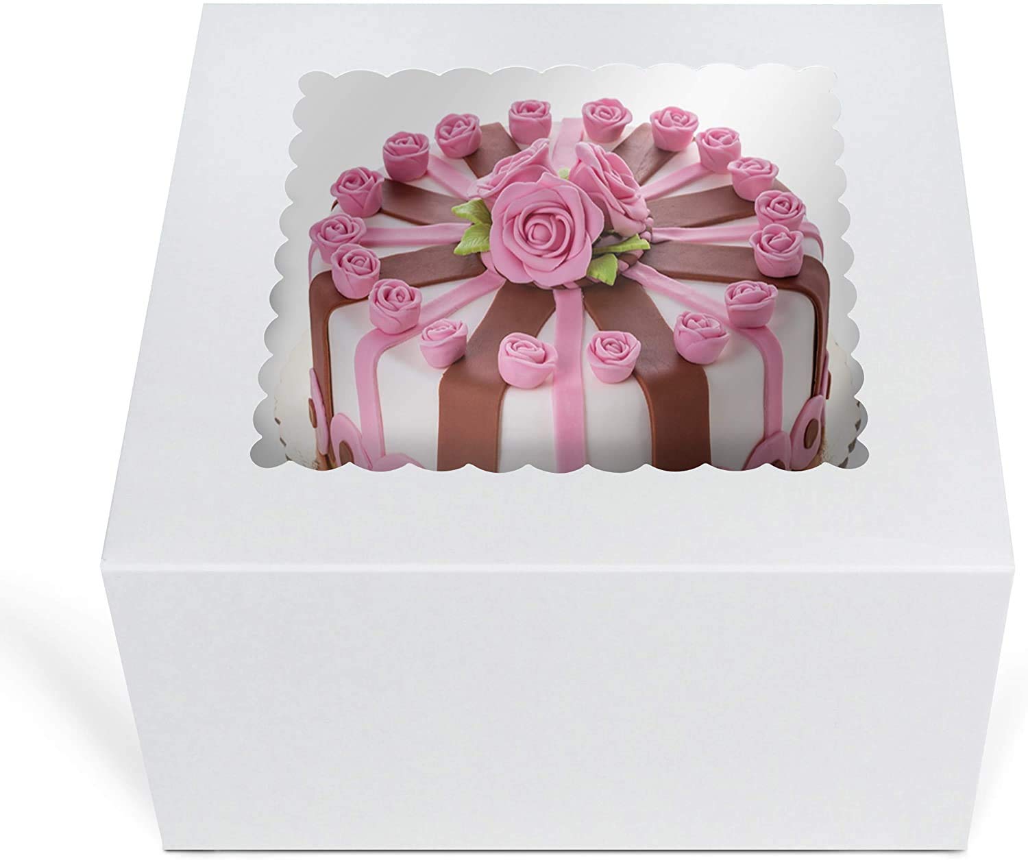 O'Creme White Square Cake Box 8 x 8 x 5 Inch, with Scalloped Window, Kraft Paperboard Bakery Box with Auto-Popup Window - Pack of 5