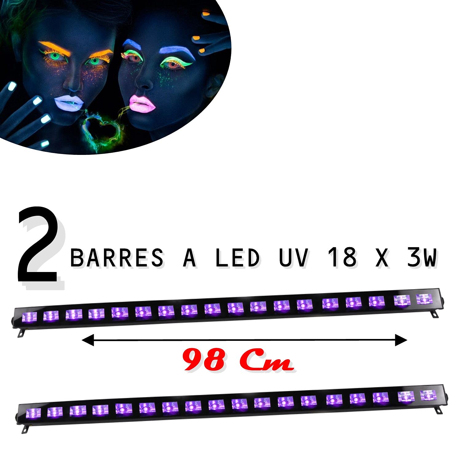 Ibiza light - Pack de 2 Barres Ultraviolets LED-UVBAR18 Puissante 18x3 W UV - DJ Soirée Fête Annimation Anniversaire Fluo Blanc Lumière Noire Mariage Discothèque