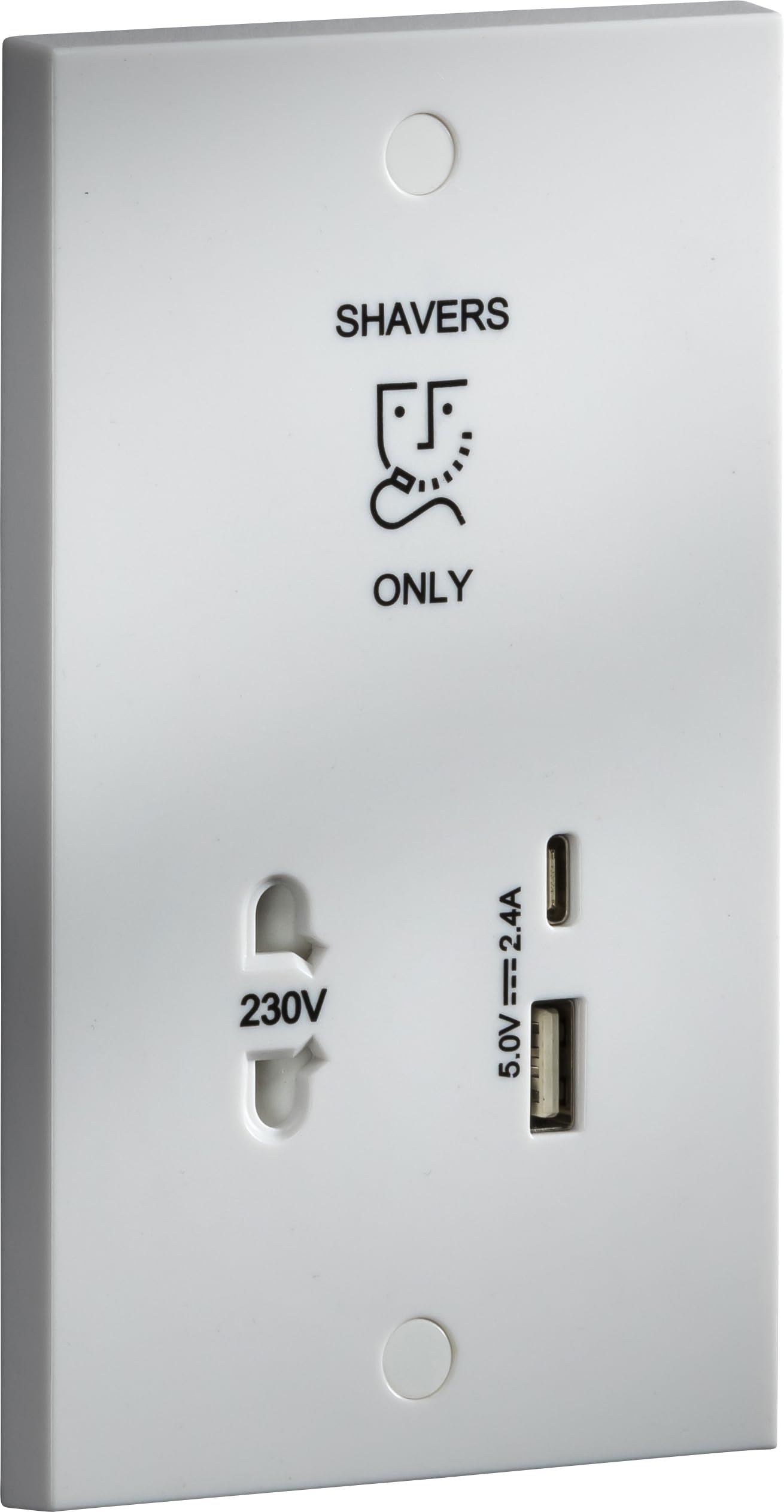 Knightsbridge 230V Shaver Socket With Dual Usb A+C [5V Dc 2.4A Shared] Max. 12W) 5056270855357