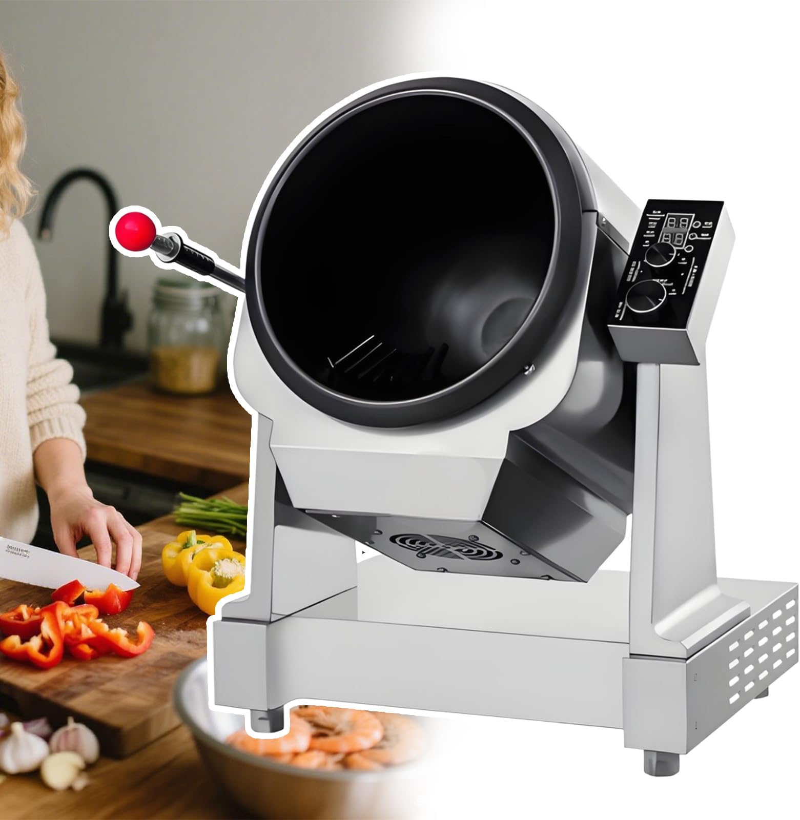 Commercial Auto Stir-Fry Machine with Drum Type Food Processor, 1.5L Stainless Commercial Automatic Stir Fry Wok Cooker, Digital Control Panel, Stainless Steel Construction