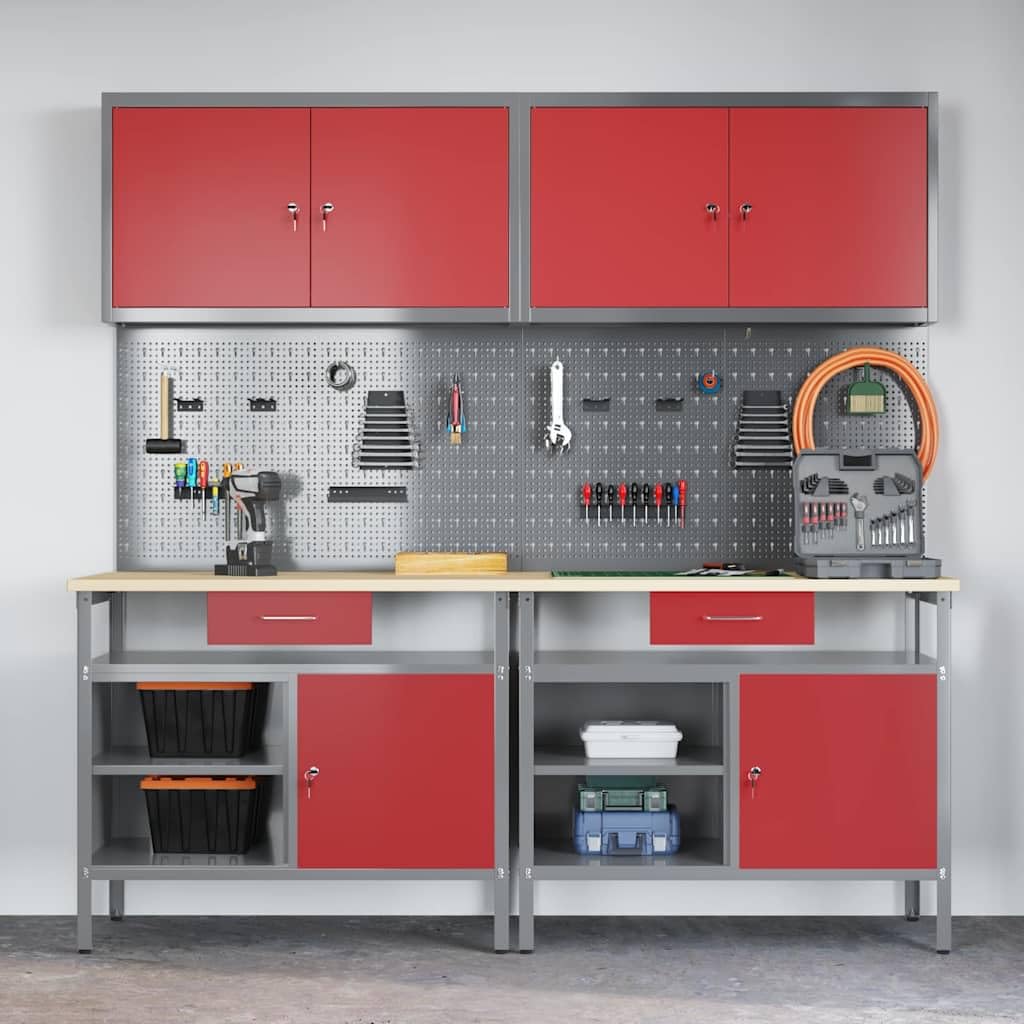 Ensemble d'établi en acier revêtu par pulvérisation rouge et gris, 8 pièces avec espace de rangement, tiroirs, cloison perforée et armoire à outils pour atelier, garage et salle de loisirs
