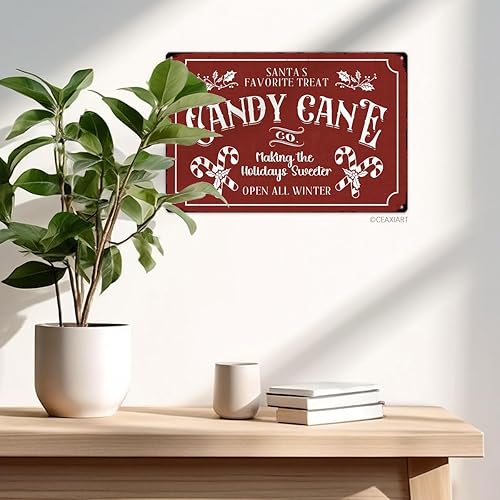 Miniatura 5 de Letreros de metal de Navidad de bastón de caramelo rojo, letrero de hojalata con impresión vintage, adornos para el hogar, cocina, patio, oficina,