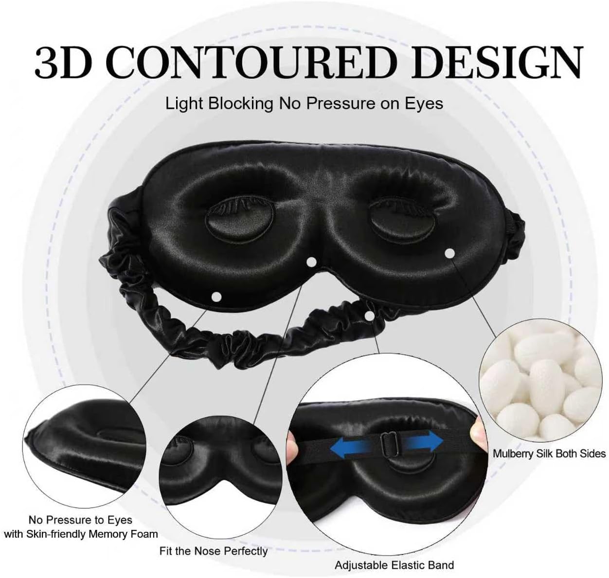 ZIMASILK Adjustable 22 Momme 100% Pure Mulberry Silk Sleep Mask, 3D Contoured Cup Eye Mask for Sleeping, Super Soft Breathable Blindfold, Perfect Blocks Light for Sleeping (Black) - Image 2