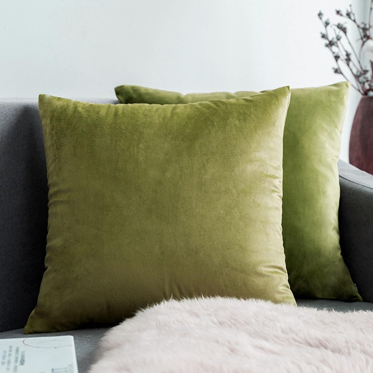 SWJ-swjssb Sofa Throw Pillow Covers Set Of 2 Pillow Cases Velvet Decorative Soft Pillow Cover Lumbar Cushion Case With Zip Couch Pillowcases For Sofa Bed Home Decorative(Malt Green,55x55 cm Set of 2)