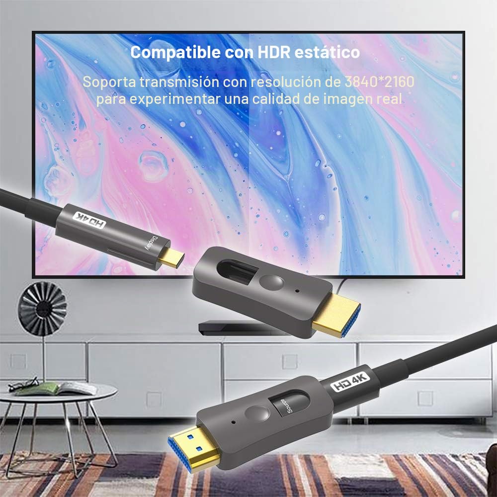 YIWENTEC - Cable de Fibra HDMI 4k@60Hz HDCP2.2 4:4 de Alta Velocidad 18Gbps HDR 3D 4K2K Cable de Fibra con Micro Tipo Pull 10 m 4K