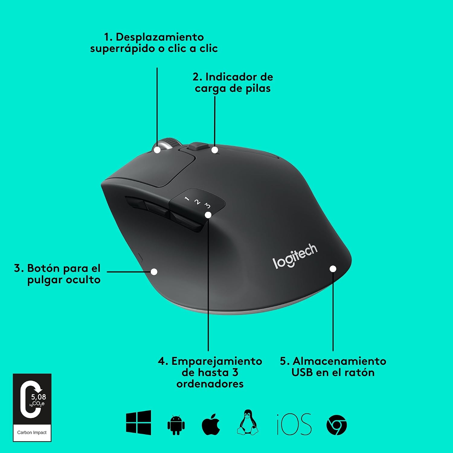 Logitech M720 Triathlon Ratón Inalámbrico Multidispositivo | Bluetooth, USB Unifying, 1000 dpi, 6 Botones Programables, Batería 2 Años, Compatible con PC Portátil, Mac, iPadOS – Gris 8