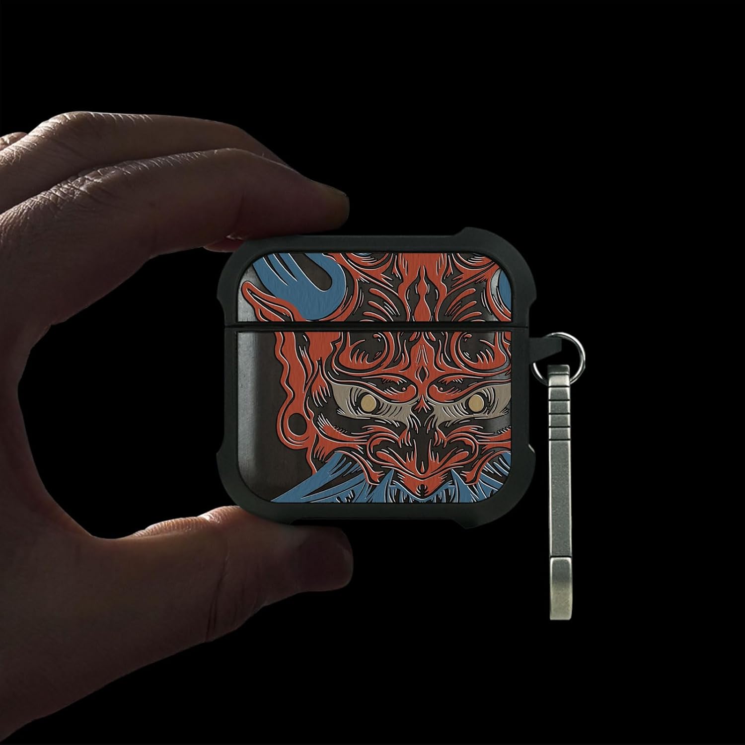 for AirPods 4 Case (2024) (USB-C), Shockproof Cover with Quick Released Keychain, Compatible with AirPods 4th Generation, Natural Wood Hand-Drawn (Oni Mask Fury) Dark Wood