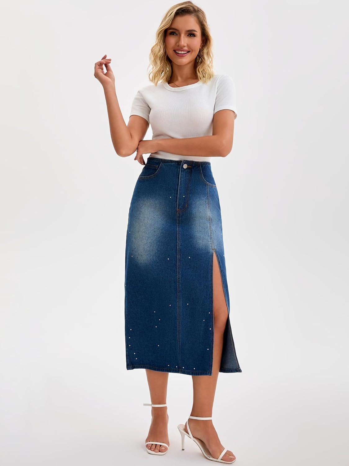Women's Midi Denim Skirt Side Split High Waisted Rhinestone Jean Skirts - Image 3