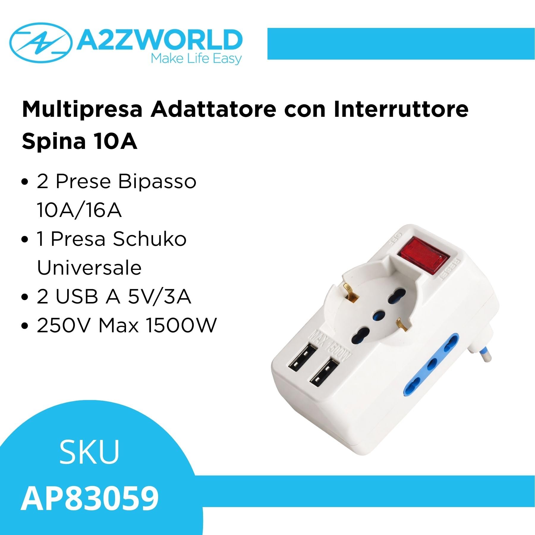 Adattatore Multiprese 5 In 1, 2 Porte USB + 2 Prese Bipasso 10A/16A + 1 Presa Schuko Universale, Interruttore, Spina Piccola 10A a 90° Salvaspazio (4 Pezzi, 2 Porte USB A)