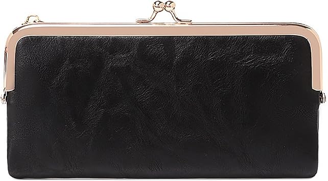 Vintage Bifold Genuine Leather Wallet for Women with Kiss Lock and Zip Coin Pocket Black
