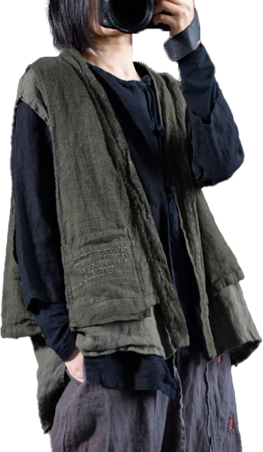 LZJN Women's Linen Double-Layer Vest Sleeveless Kimono Cardigan Open Front Vintage Street Waistcoat with Pockets