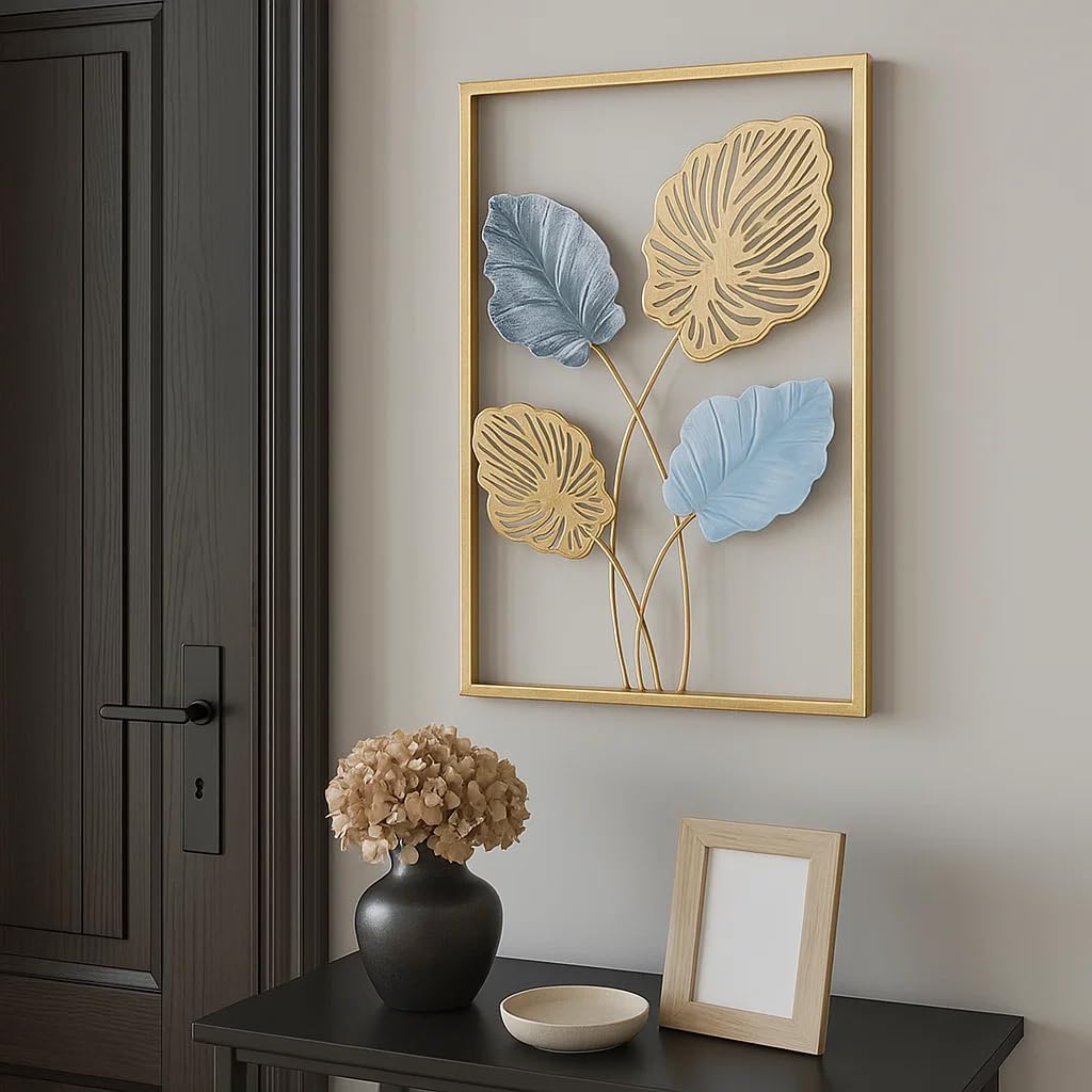 Bohemian 3D Metal Leaf Gold Wall Art Set of 3 | Boho Hallway Wall Hanging Home Decor for Farmhouse Living Room, Office, Bedroom, Indoor, Outdoor | Large Modern Minimalist Gold Metal Wall Sculptures(16x11")