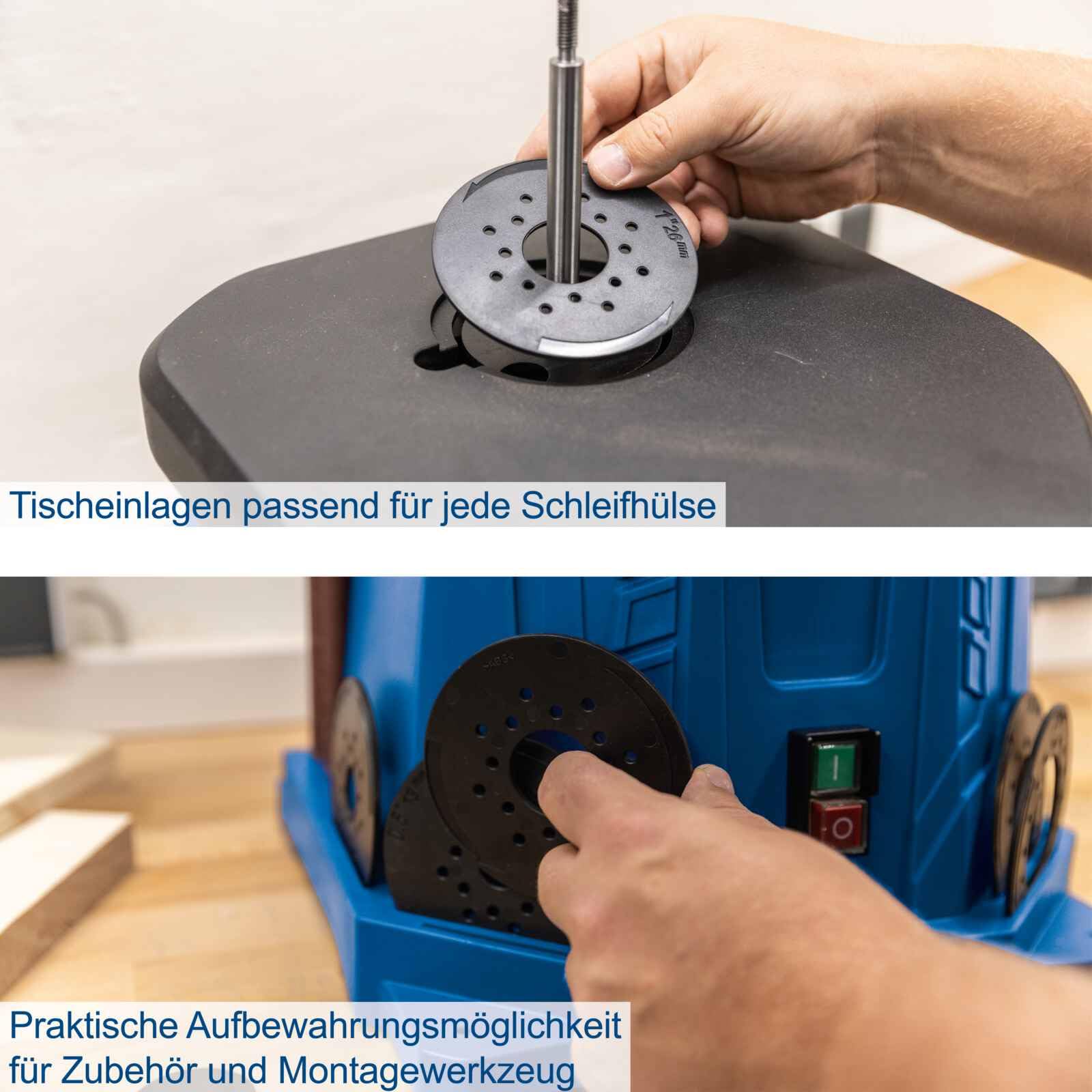 Scheppach Oszillierender Spindelschleifer OSM100 Spindelschleifmaschine mit 6 Schleifhülsen, Walzen & Tischeinlagen | Leistung 450W | Hub 16mm | SpindelØ 12,7mm | Schleifhöhe 98mm | Frequenz 58 min-1