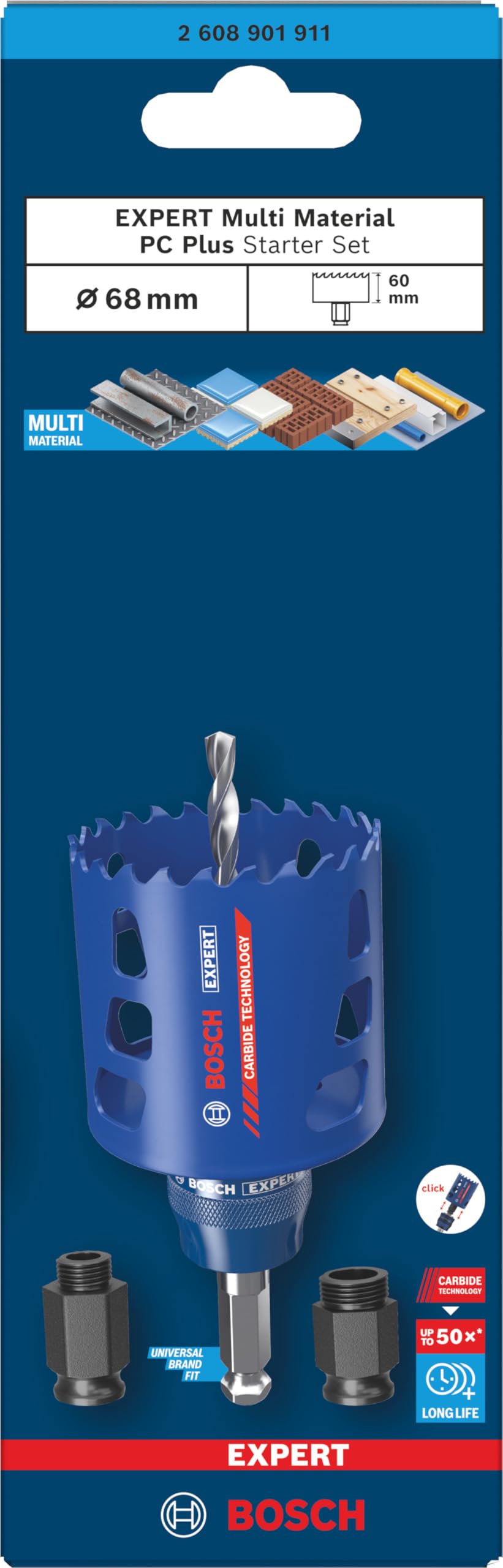 Bosch 3x Starter Set di seghe a tazza EXPERT Multi Material PC Plus (per Legno con metallo, Mattone, Ø 68 mm, Professional Accessorio Trapano)