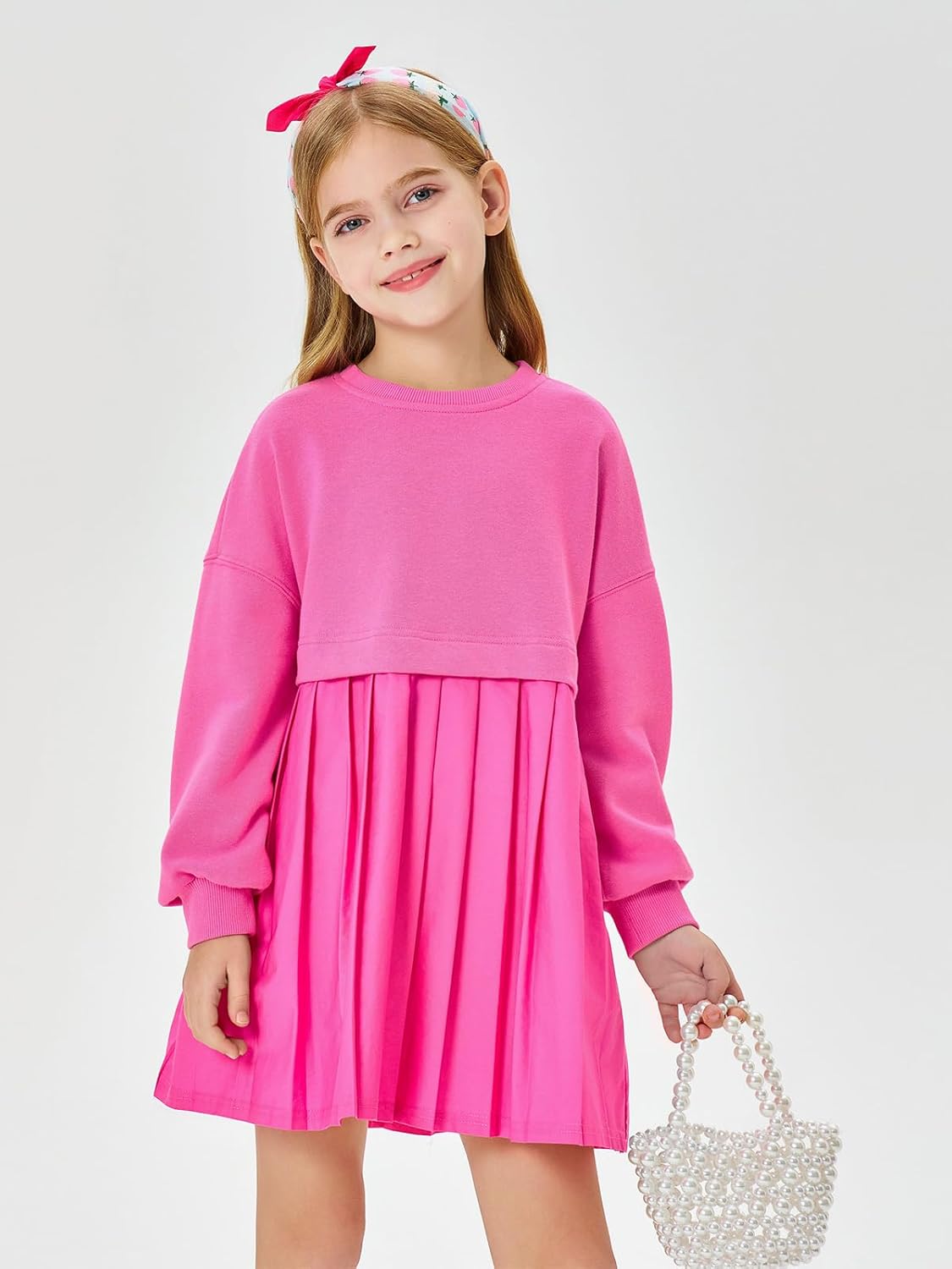 Batermoon Girls Pleated Sweatshirt Dresses Kids Fashion Long Sleeve Crew Neck Mini Dress 5-14 Years - Image 3
